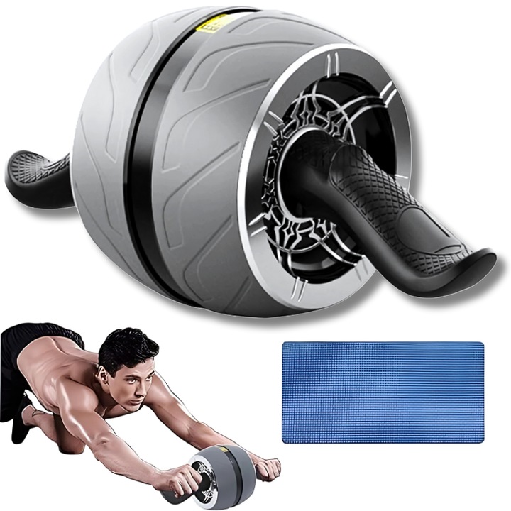 Roata Abdominala cu Recul Automatic Jaskus®️, Tonifiere Musculara, Echipament Fitness pentru Acasa cu Manere Antiderapante Plus Salteluta, Cauciuc Rezistent/Otel, Suporta pana la 227kg, Negru/Gri