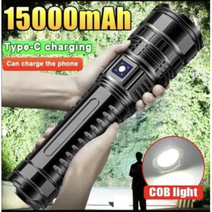 Lanterna LED tactica reincarcabila, baterie de litiu de inalta capacitate de 15000mAh, incarcare Type-C si lumina COB