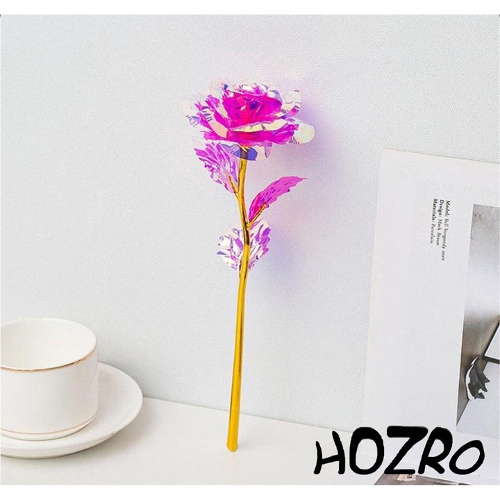 Trandafir artizanal cu tulpina aurie si LED, in cutie, Roz, 28cm