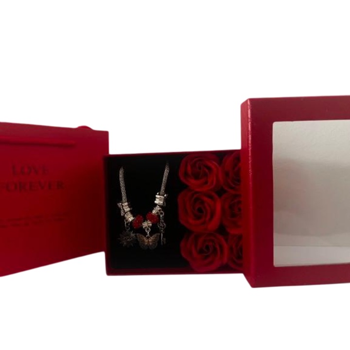 Aranjament floral cu bratara Tip Pandora, 6 Trandafiri Rosii, cutie rosie + Punga cadou