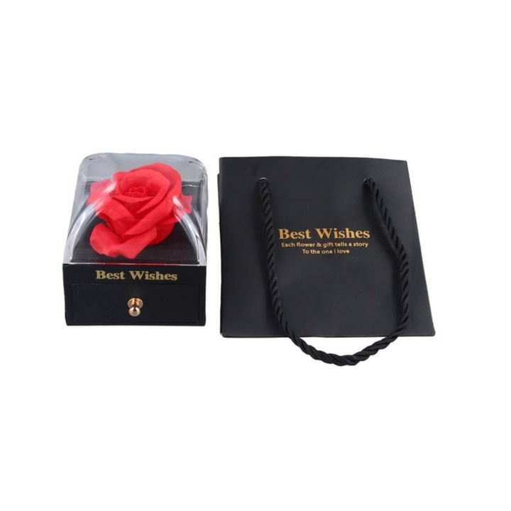 Aranjament floral cu un trandafir de sapun si sertar, cu cupola, cutie Neagra