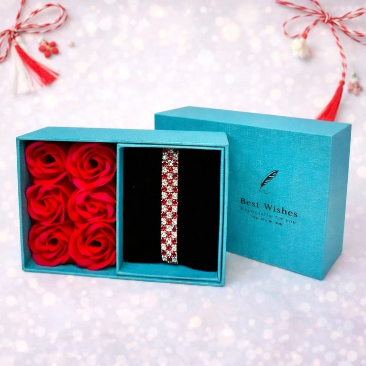 Cutie turcoaz cu trandafiri de sapun rosii si bratara Martisor, Velve
