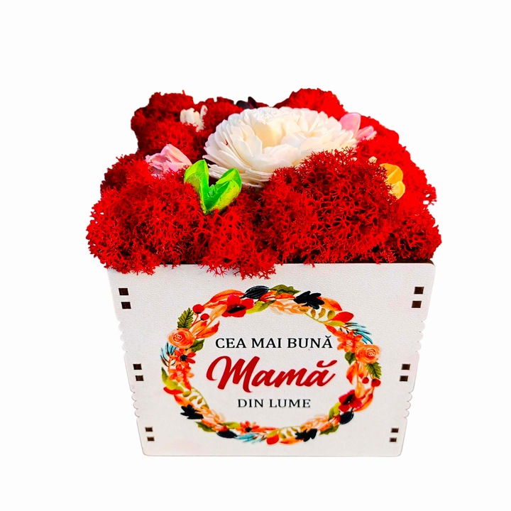 Aranjament cu licheni naturali stabilizati si flori naturale uscate, in cutie de lemn gravata, cea mai buna mama, 10 cm, rosu