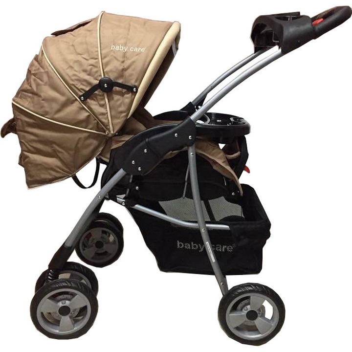 Бебешка количка 2 в 1 Baby Care™ M203, Люлеещ се стол, 3-степенна регулируема облегалка, Количка, Метална рамка, Крачна спирачка, Кафяв