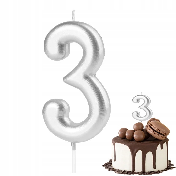 Candle birthday number 3, Dodo, silver, 10cm