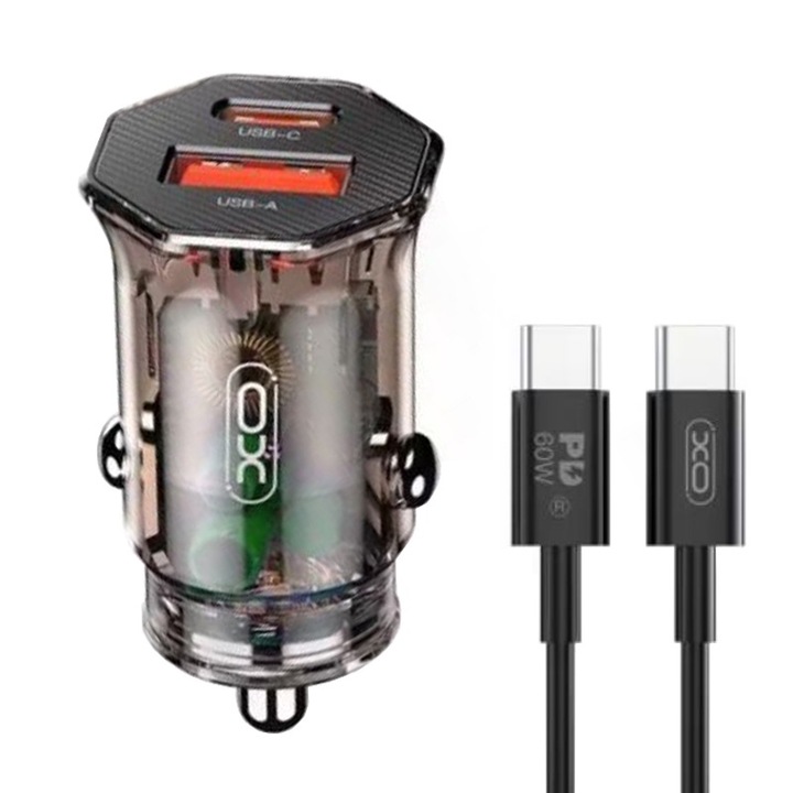 XO-CC56 Комплект адаптери за кола с Type-C кабел, съвместим с iPhone 15/16 и Android, двоен порт, PD33W бързо зареждане, черен