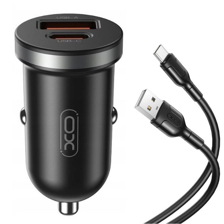 XO-CC56 Комплект адаптери за кола с Type-C кабел, съвместим с iPhone 15/16 и Android, двоен порт, PD30W бързо зареждане, черен