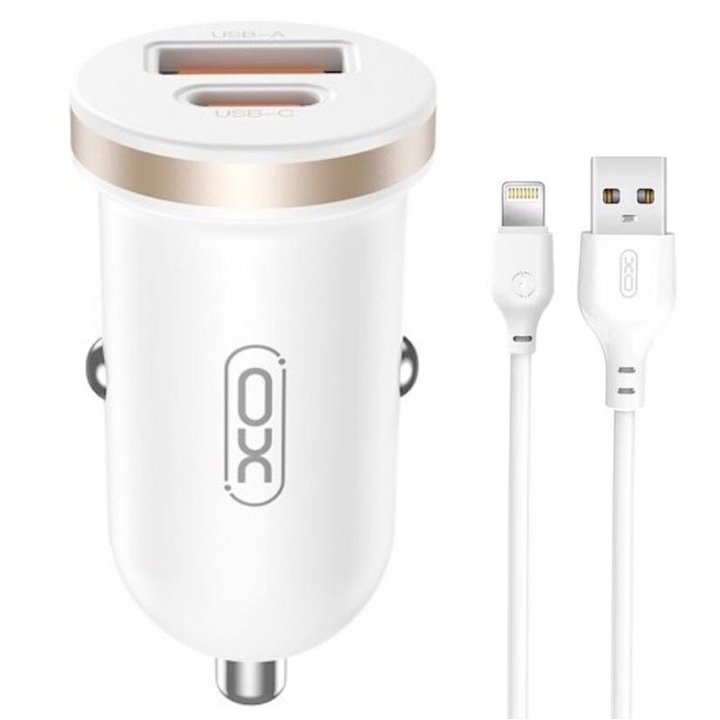 XO-CC56 Комплект адаптери за кола с Lightning кабел, съвместим с iPhone, двоен порт, PD30W бързо зареждане, бял