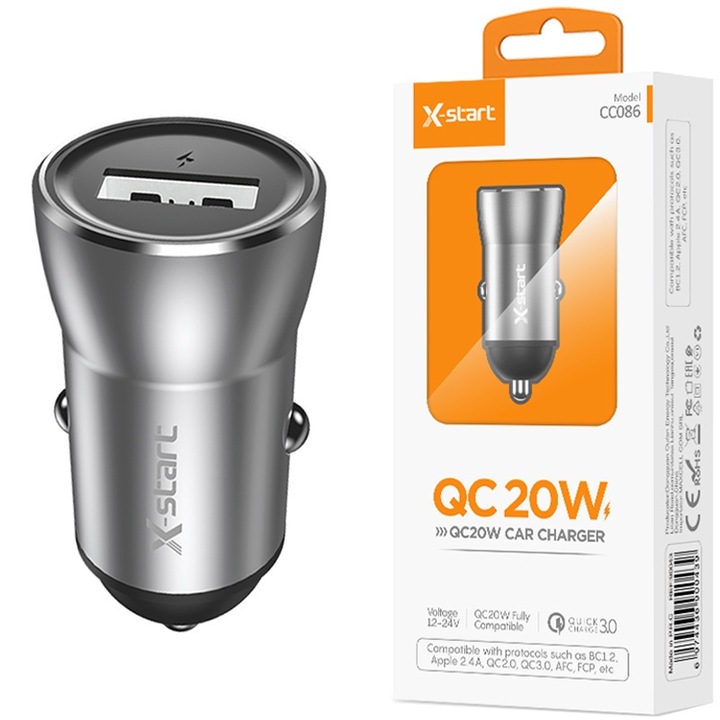 Incarcator Auto X-Start CC086, Port USB, Incarcare rapida 20W, Quick charge 3.0, Gri