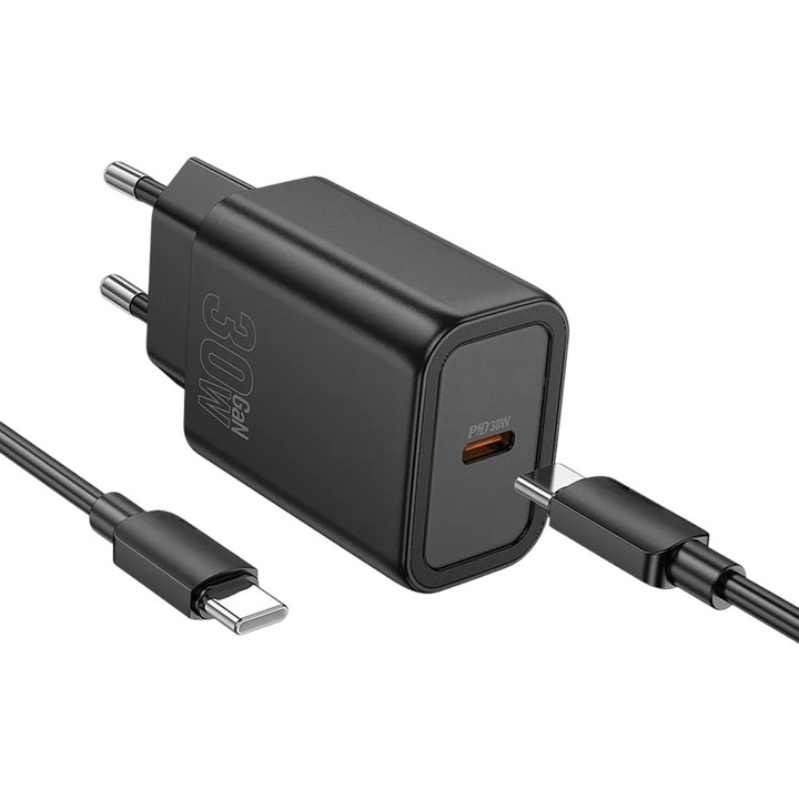 30 W-os hálózati töltő, G-Tech N62, Type-C / Type-C kábel, USB-C port, Univerzális, Gyorstöltés, Fekete