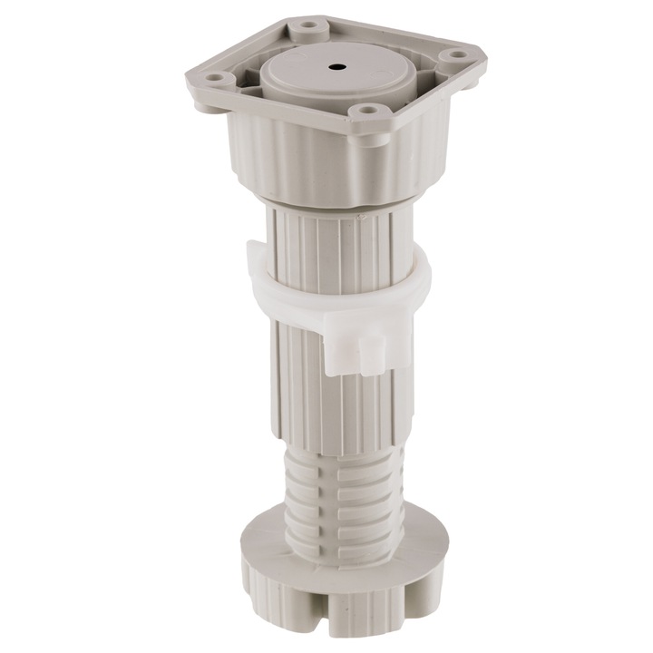 Set 4 picioare mobila ajustabil H100-150 mm, plastic, alb si 4 cleme pt fixare in plinta PVC sau aluminiu