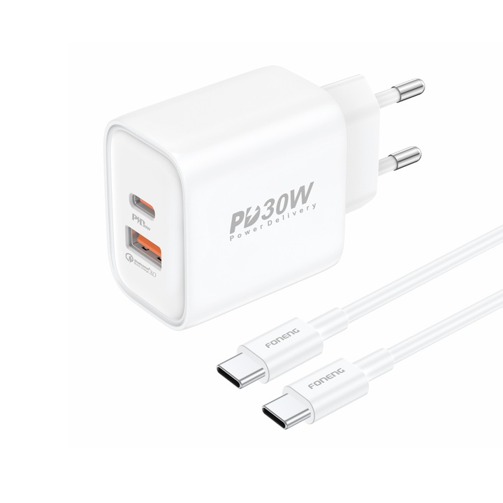 Foneng EU52 GaN gyorstöltő, 30 W, PD + QC 3.0, USB + USB-C port, USB-C-USB-C kábel mellékelve, fehér