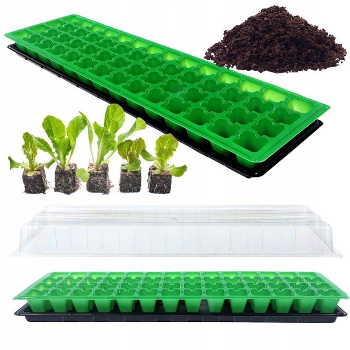 Mini Sera 56 Celule pentru Semanat 3x3 cm, Latime 160 x 525 mm, Cu Capac Transparent, Tava de Recolta, Ideala pentru Flori, Legume si Plante, Usor de Folosit pe Pervaz, Include Pamant de Semanat, Usor de Ingrijit, Reciclabila