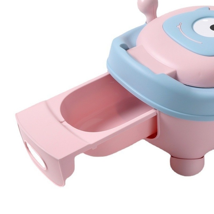 Olita pentru copii, +6 luni, compartiment detasabil, cu capac, antiderapanta, din plastic, colac moale, model animat ciclop, cu maner, 33x21x45 cm, albastru/roz