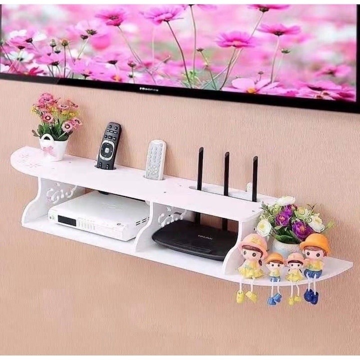 Raft pentru router, obiecte decorative, din PVC, cu 3 compartimente, dimensiuni 100 X 23 cm, finisaj mat, alb