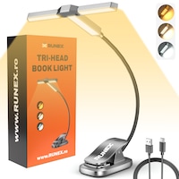 Lampa Citit Carti Runex®, Capat Reglabil, 27 LED-uri Super Bright, Clema Prindere, Temperatura Reglabila, Rece, Cald, Neutru, 5 Nivele Intensitate, 100 Ore, Acumulator 1000mAh, Reincarcabila Type-C, Temporizator, Gri