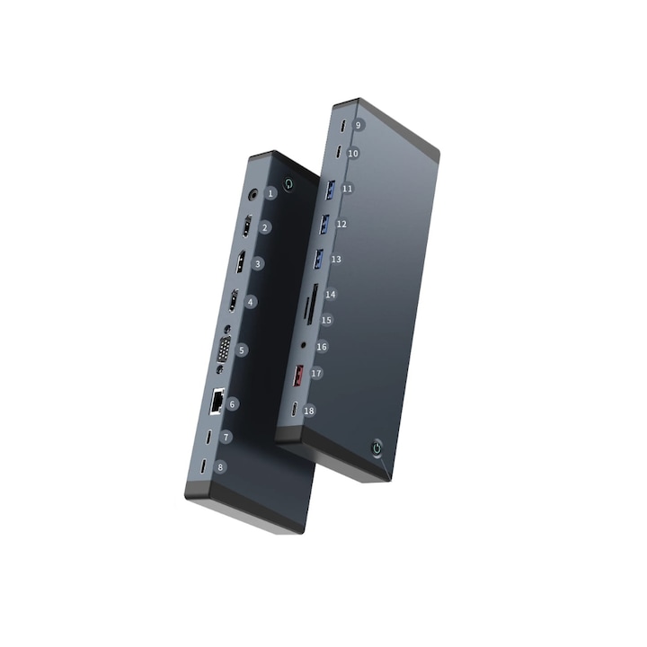 Хъб за докинг станция USB-C 18 в 1, Q-Elite®, Thunderbolt 4, DisplayPort 1.4 8K@30Hz, 2x HDMI 4K@60Hz, VGA 1080P, USB-C 3.1 10Gbps, 1x DC 240W, RJ45 1000 Ethernet Gigabit, 2xUSB-C PD MAX 100W, SD /TF, AUX 3,5 мм