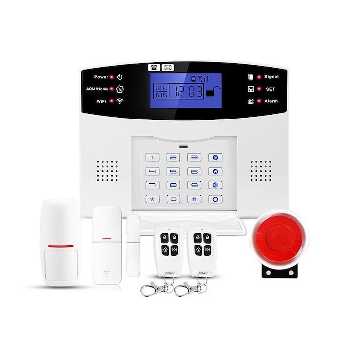 Sistem de alarma inteligent Kludoo® AQ5, cu ecran LCD, wireless, cu 2 senzori si 2 telecomenzi, alb