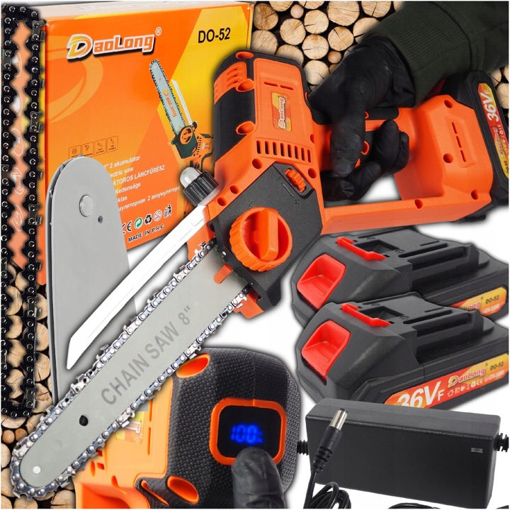 Mini ferastrau cu lant DaoLong, 8 inch, Electric, Portabil, 2 baterii 2.0Ah, Portocaliu