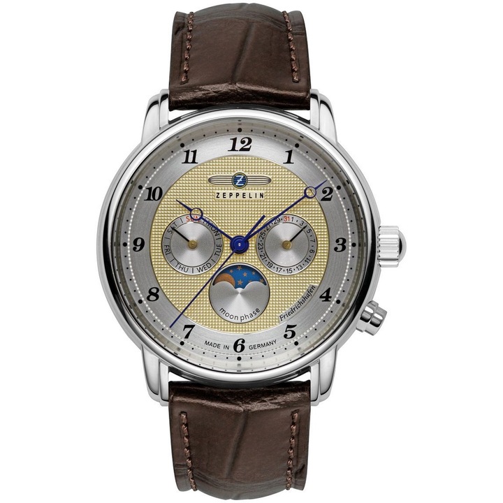 Часовник Zeppelin, модел 8536-5, с кварцов механизъм, бежов циферблат, кафява кожена каишка, 40мм, водоустойчив 50м