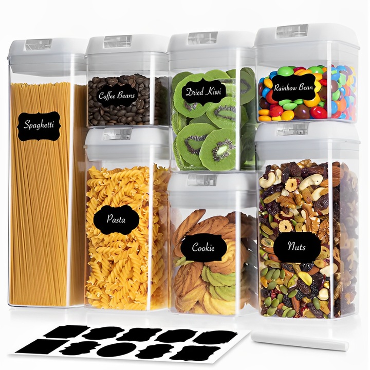 Set 7 recipiente din plastic cu inchidere etansa, pentru depozitarea alimentelor, fara BPA, stivuibile, cu etichete si marker, Alb/Transparent, 500/800/1200/1900 ml