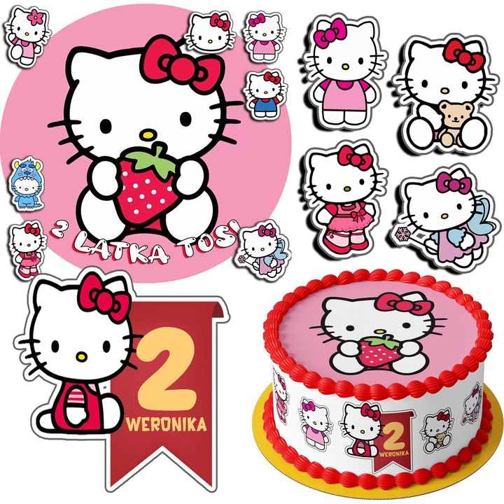 Set oplatek pentru tort 20cm, Dodo, Hello Kitty, 17 postaci, personalizare text