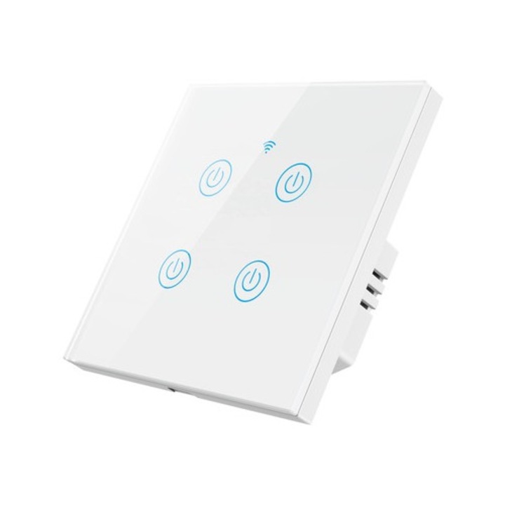 Intrerupator Smart WiFi Touch 16A – Panou din Sticla, 4Gang, Compatibil Tuya, Alexa & Google Home, Model 118/86, Control de la Distanta, Alb