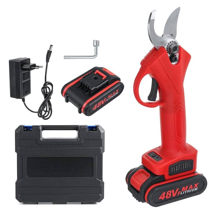 Електрическа ножица Pexor 48V, 30CM, 2 батерии 48V, Ножица за рязане на клони, почистване на дървета, лози, Кутия за съхранение, Черен/Червен