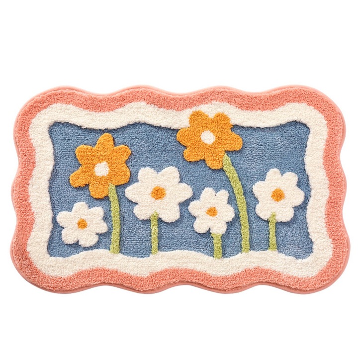 Covoras De Baie Pufos Boutique Deluxe, Design Tridimensional Floral, Ultra-Absorbant Din Microfibra De Densitate Mare, Multicolor, Antiderapant, Ideal Pentru Baie, Usor De Intretinut