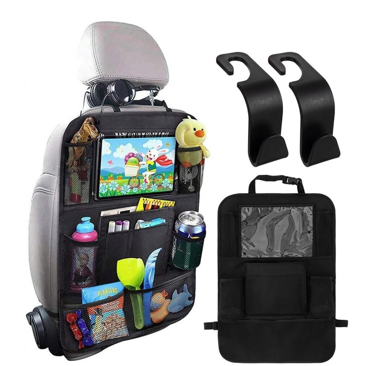 Set organizator pentru scaun auto, Zola®, cu suport de tableta, buzunare multiple, multifunctional, 2 carlige universale, 61 x 41 cm, negru