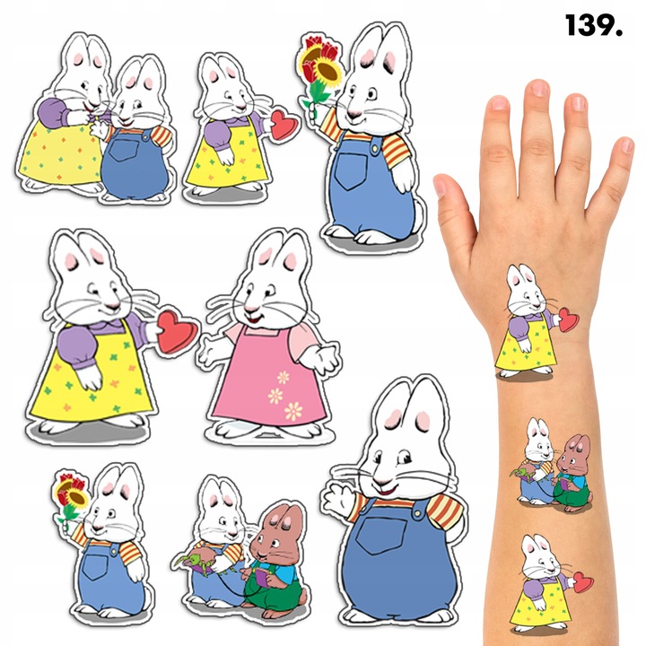 Комплект от 8 временни татуировки за деца, World Case, Max и Ruby, Многоцветни, 100x70 мм