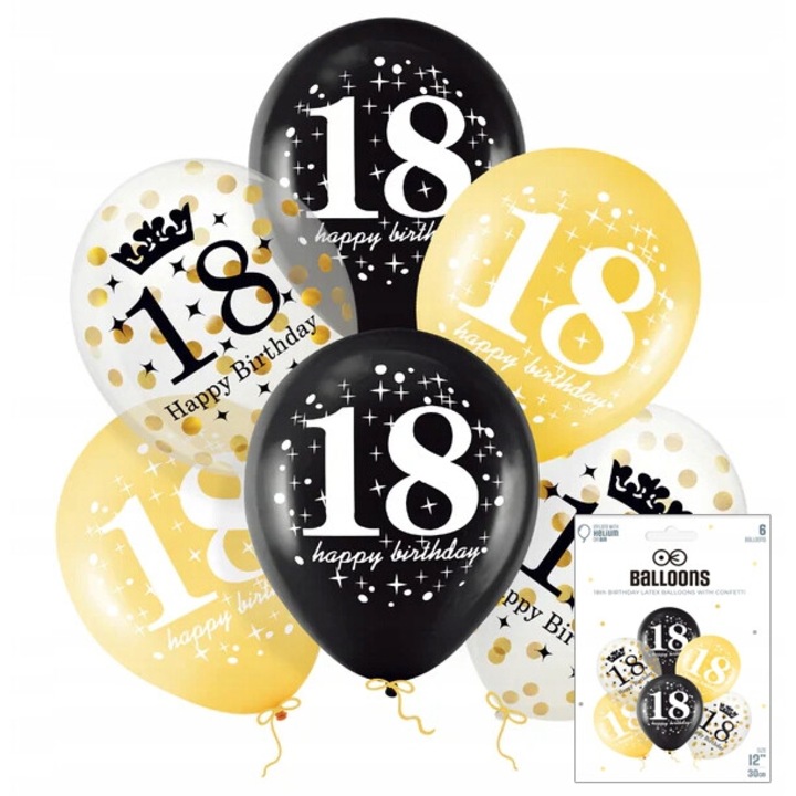 Комплект конфети балони, World Case, 6 части, черни, златни, прозрачни, 30 см