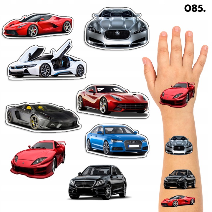 Комплект от 8 временни татуировки за деца, калъф за света, хартия, модел на спортна кола, 100 x 70 mm, многоцветен