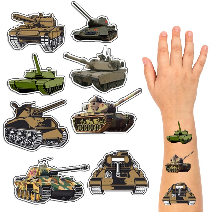 Комплект от 8 временни татуировки за деца, World Case, модел Tank
