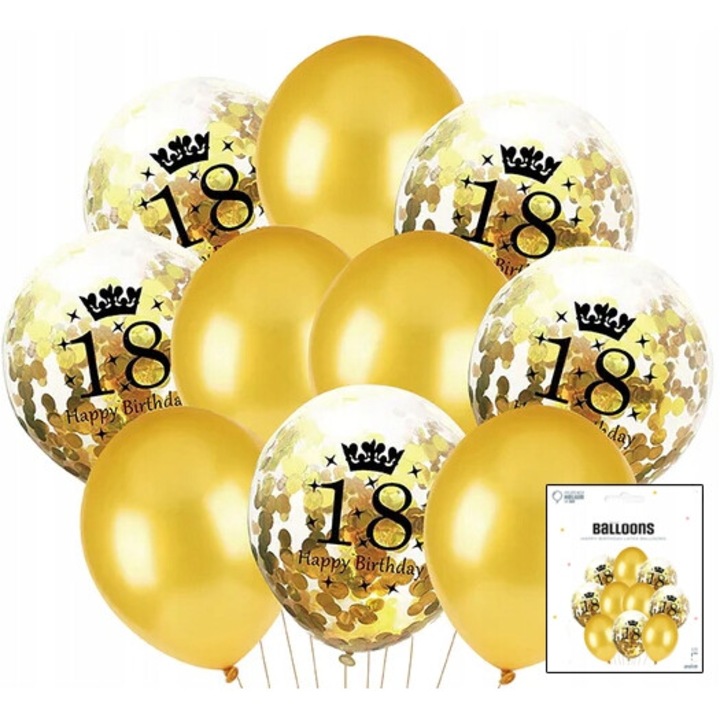 Комплект балони със златни конфети, World Case, 10 бр., 12 инча, за рожден ден