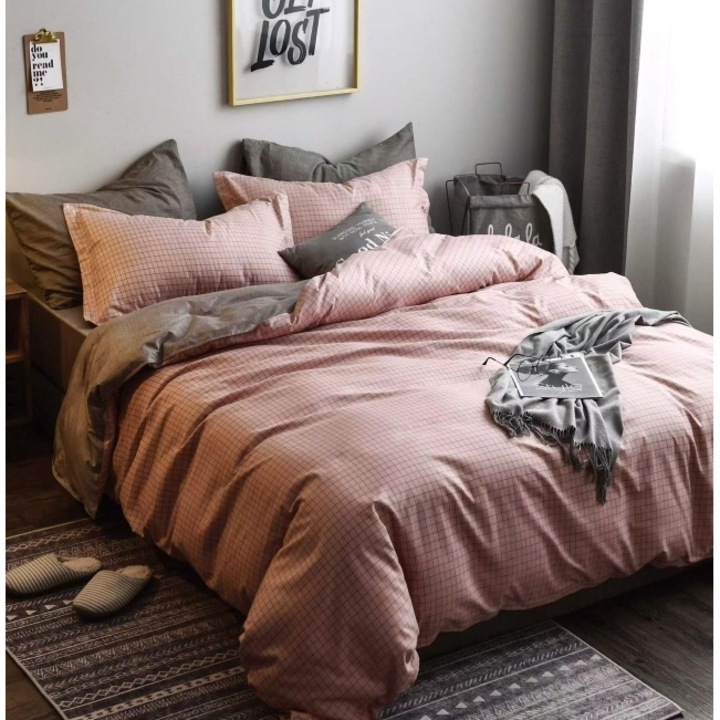 Lenjerie de Pat, Cearsaf cu Elastic, Bumbac Satinat, 2 Persoane, 4 Piese, 180x200cm, Gri-Roz