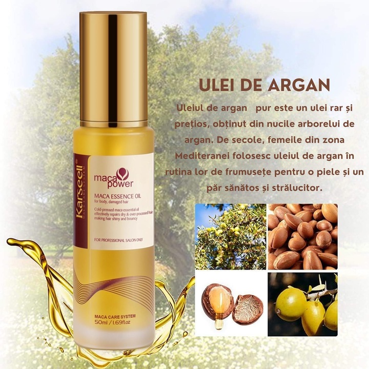 Ulei de par Karseell cu argan marocan, hidratare intensiva si regenerare, bogat in vitamina E, pentru parul uscat si deteriorat, 50ml