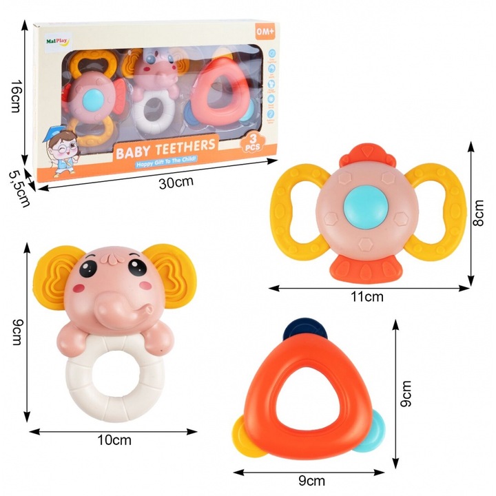 Set 3 Jucarii dentitie si zornaitori Elephant multicolor