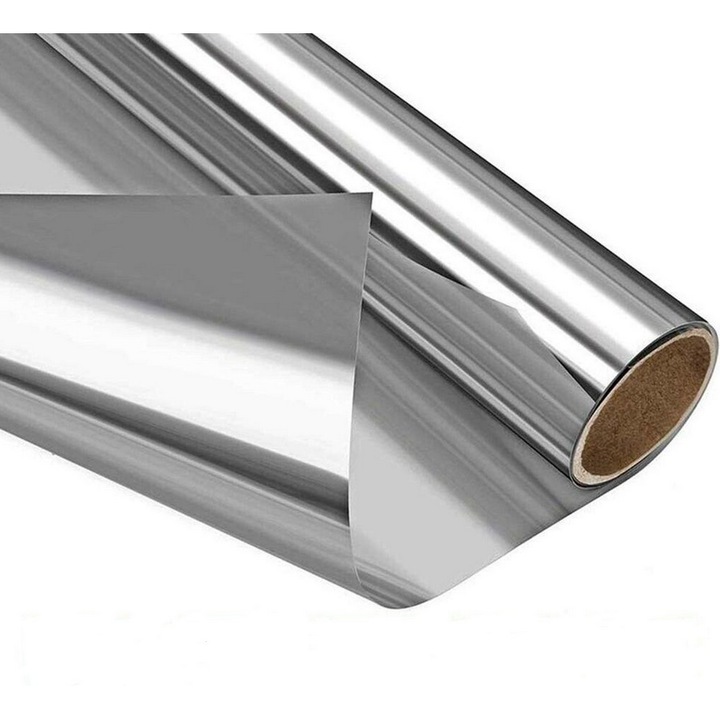 Folie Reflexiva protectie Geamuri termopan, montare pe interior cu Efect de Oglinda si Protectie Solara UV, Argintie, 60 x 300 cm, TopBazar