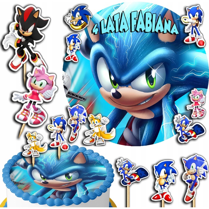 Set oplatek tort 20cm + topperi 3D - Sonic, jucarii comestibile, personalizabil