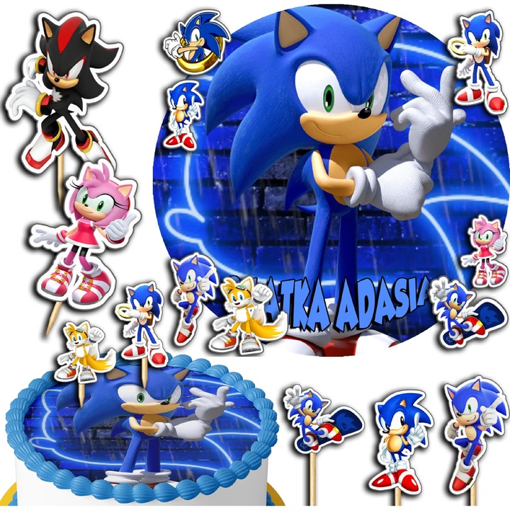 Set oplatek tort 20cm + topperi 3D - Sonic, jucarii comestibile, 10 bucati