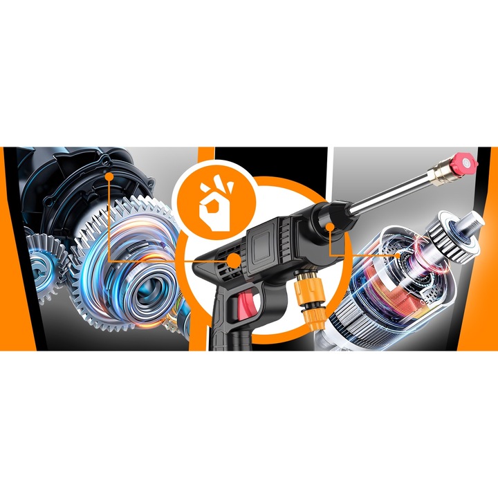 Aparat de Spalat cu Presiune Portabil, RETOO TechPro, Tip Pistol, 40 BAR, 250L/h, cu 2 Acumulatori 68V, Furtun 5m cu Filtru, 3 Duze Interschimbabile si Recipient pentru Spuma, pentru Spalarea Masinii, Utilizarea in Casa si Udarea Gradinii, Negru-Rosu