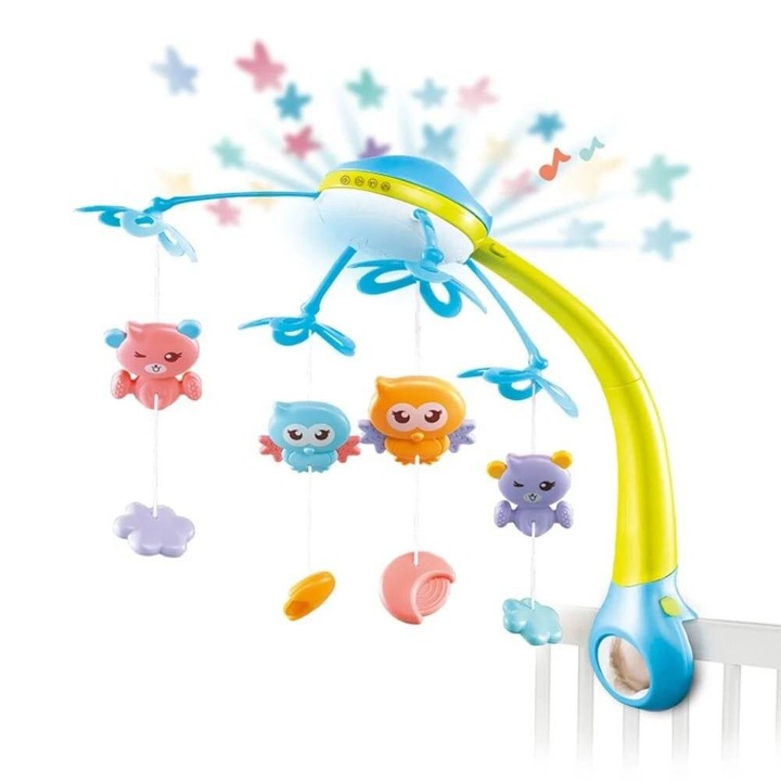 Zenés körhinta babaágyhoz projektekkel, zenével és kék távirányítóval