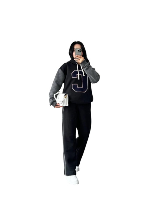 Trening pentru femei, hanorac cu gluga si pantaloni de jogging, amestec de bumbac, negru, L