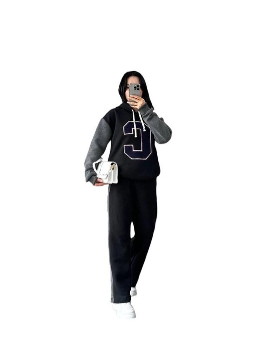 Set trening dama, hanorac cu gluga si pantaloni jogging, bumbac, negru