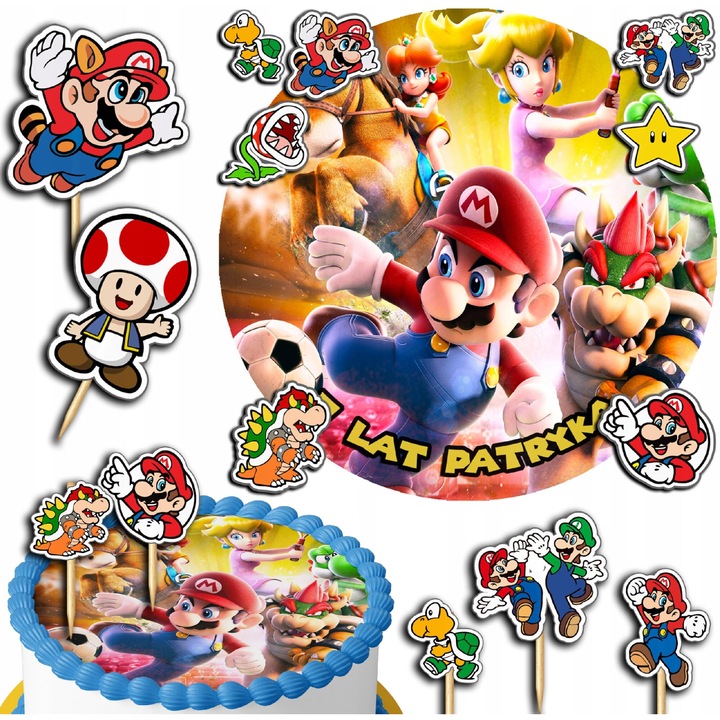 Set oplatek tort 20cm + topperi 3D, Super Mario, 10 bucati, jucause, colorate