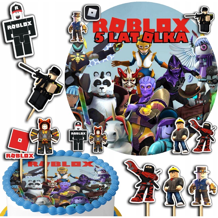 Set oplatek tort 20cm + topperi 3D, ROBLOX, jucarii comestibile, 10 bucati