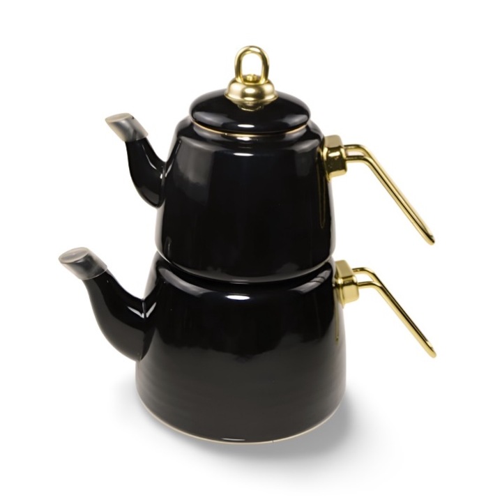 Set Ceainic si fierbator, emailat negru, Otel inoxidabil, Inductie 2.6L