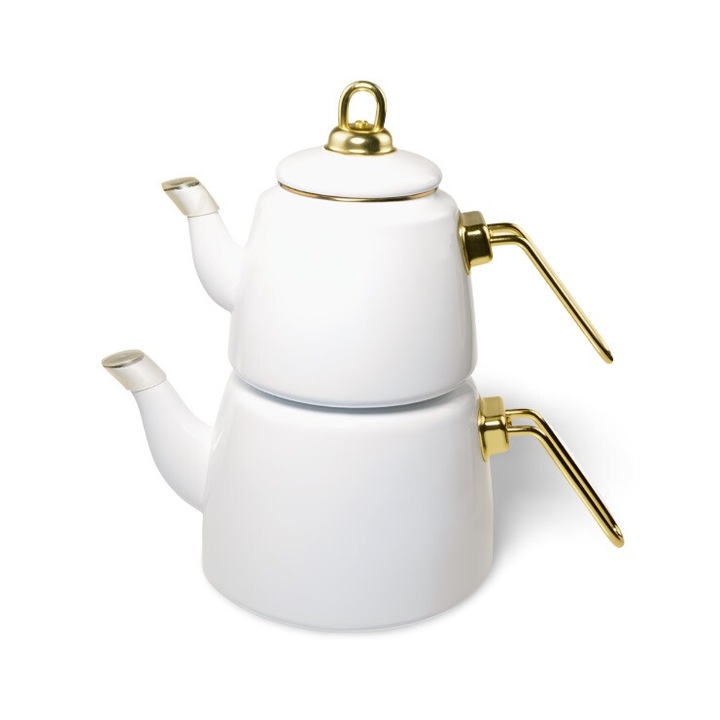 Set Ceainic si fierbator, emailat alb, Otel inoxidabil, Inductie 2.6L