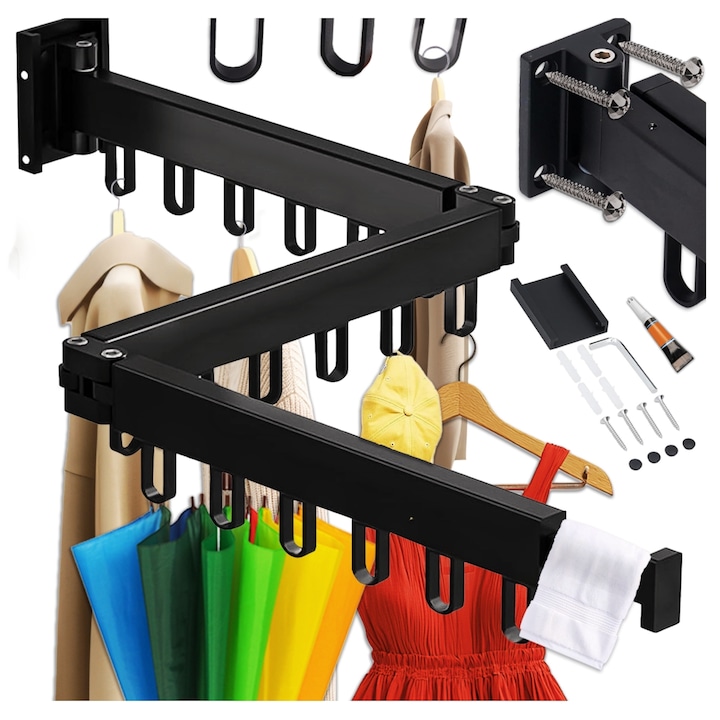 Suport de uscare pentru haine, Uscator pentru rufe 120 cm, extensibil si pliabil de 3 ori, 18 carlige rotative, aluminiu rezistent, usor de instalat, capacitate mare de incarcare, pentru balcon, baie, dormitor, negru